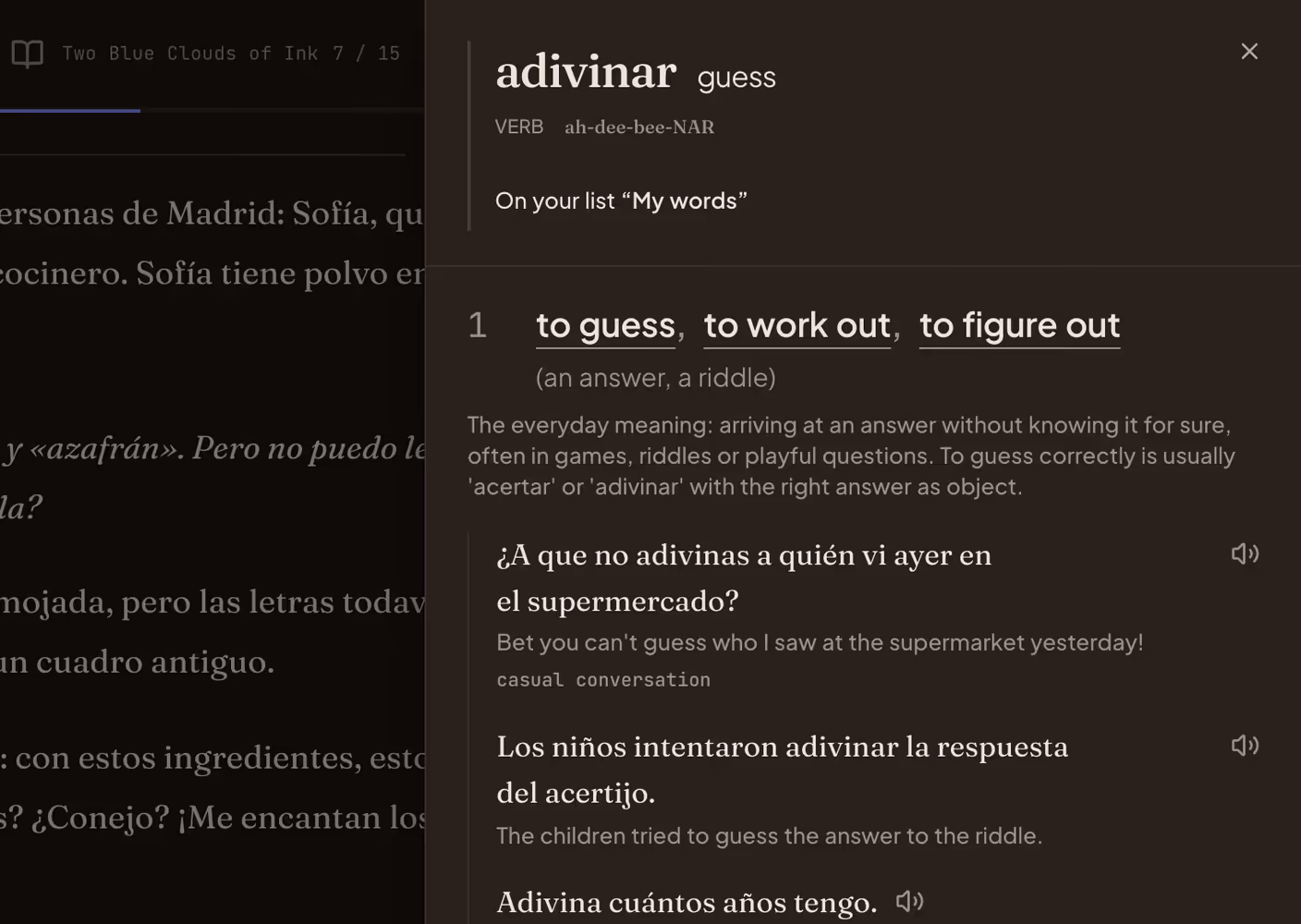 A story open in the app with the word «adivinar» pressed. Its dictionary entry opens beside the text, with meanings and example sentences in Spanish and English.