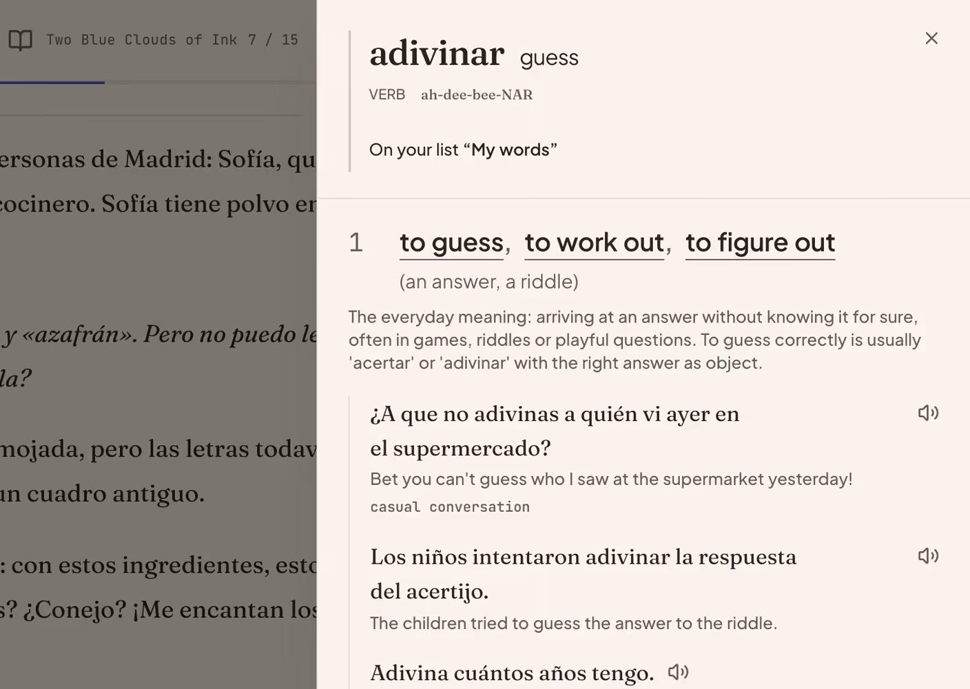 A story open in the app with the word «adivinar» pressed. Its dictionary entry opens beside the text, with meanings and example sentences in Spanish and English.